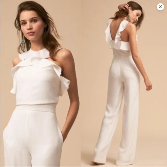 BHLDN MONIQUE LHUILLIER White Bissel Jumpsuit w/ Ruffle Halter Bodice - Size 8 - Picture 1 of 12